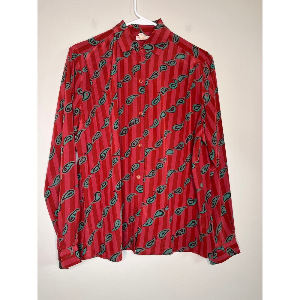 1980s John Meyer Red Teal Paisley Stripes Dopamine Dressing Button Up Shirt XL